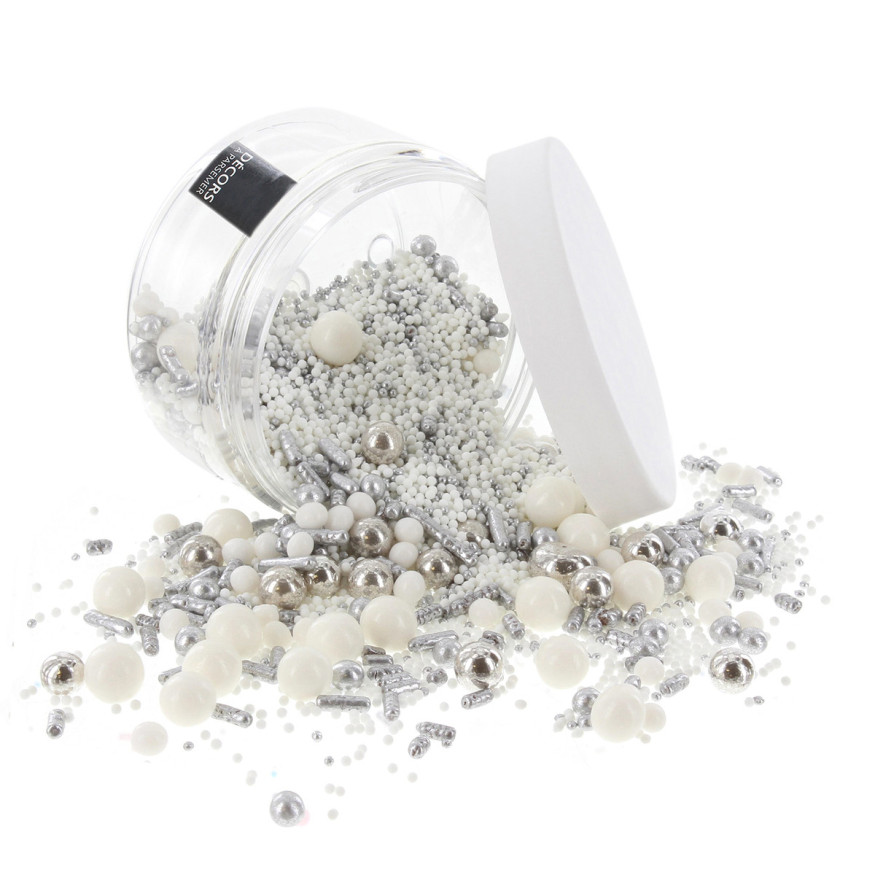 Décor à parsemer : mélange sprinkles blanc et argenté 100 gr