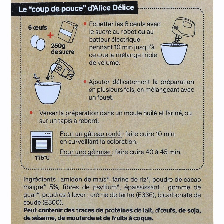 Préparation génoise cacao bio sans gluten 250 gr - Alice Dél