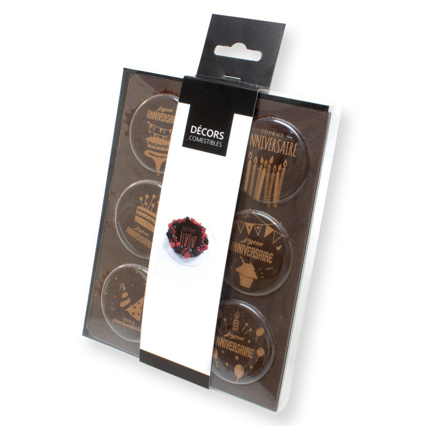 Décor en chocolat : 6 plaques Joyeux Anniversaire noir et br