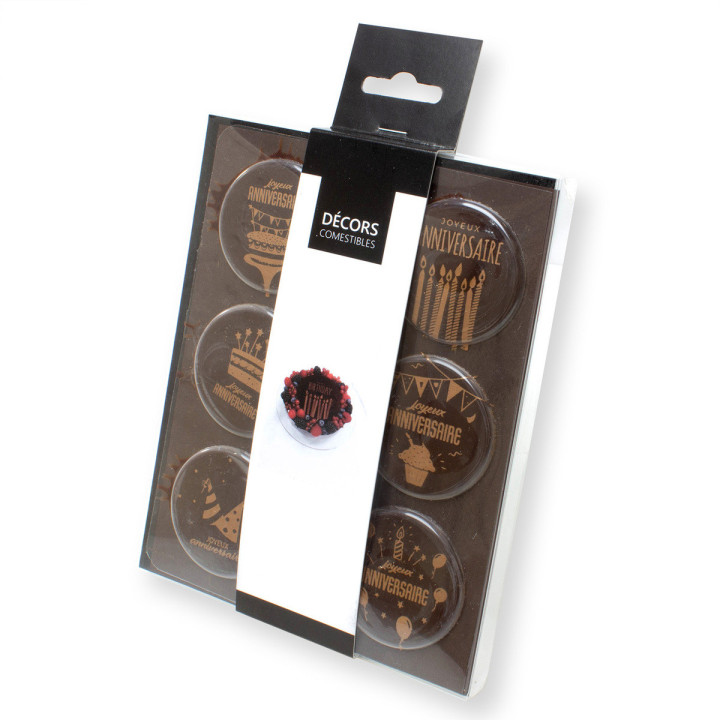 Décor en chocolat : 6 plaques Joyeux Anniversaire noir et br