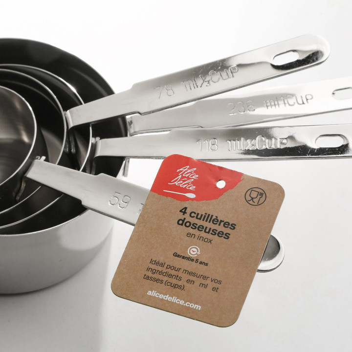 4 cuillères doseuses en inox : 59, 78, 118 et 236 ml et équi