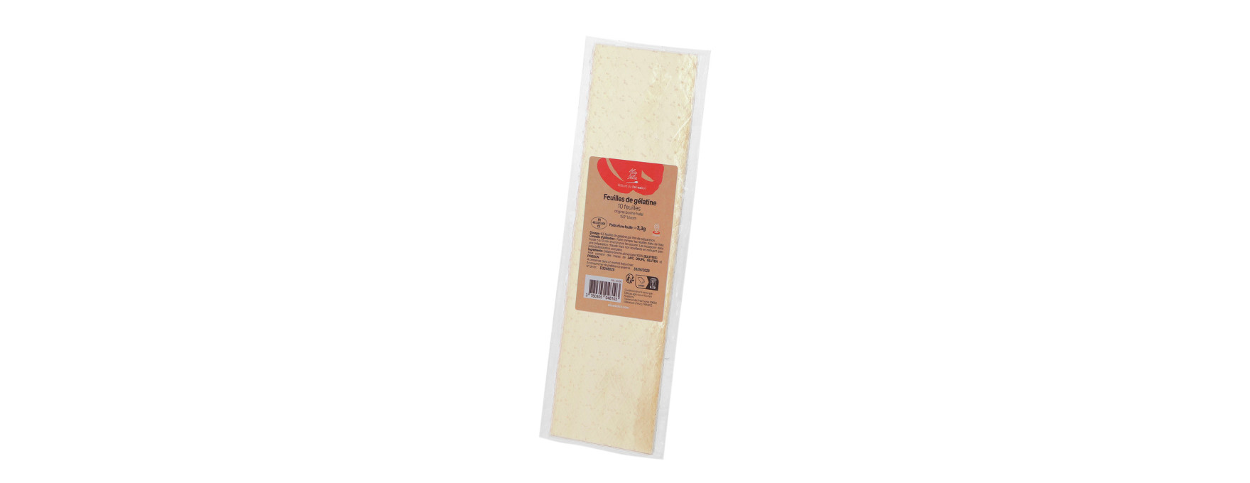 10 feuilles de gélatine bovine halal 150° bloom 33g