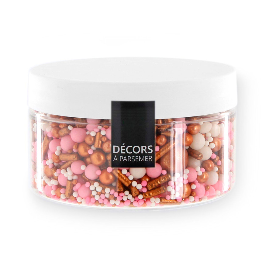 Décor à parsemer : mélange sprinkles cuivré, rose et blanc 1