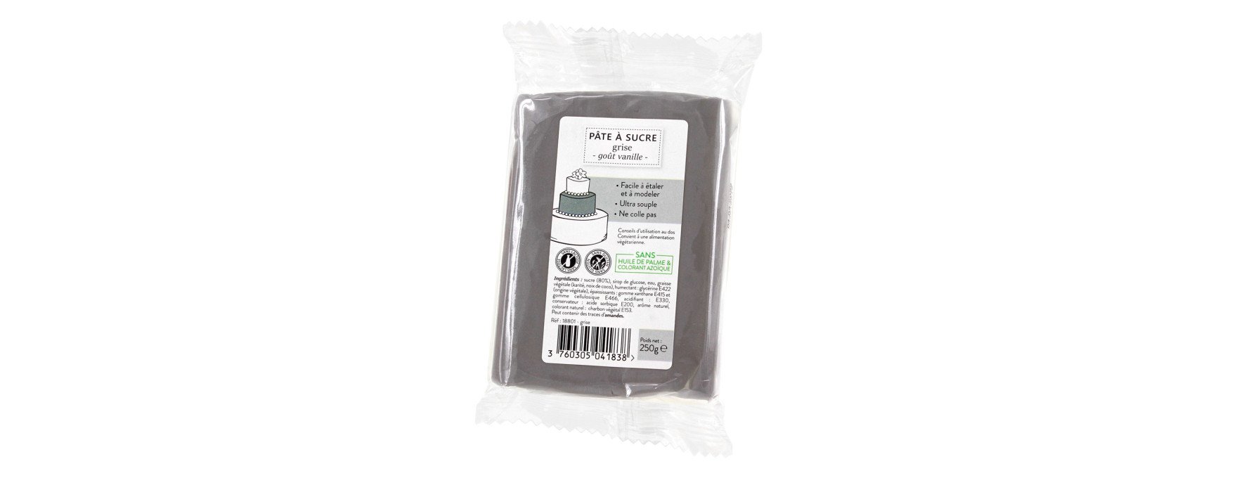 Pâte à sucre sans huile de palme grise 250 gr