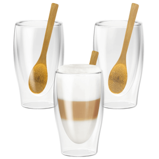 Lot 3 tasses double parois + 3 cuillres bambou 350ml