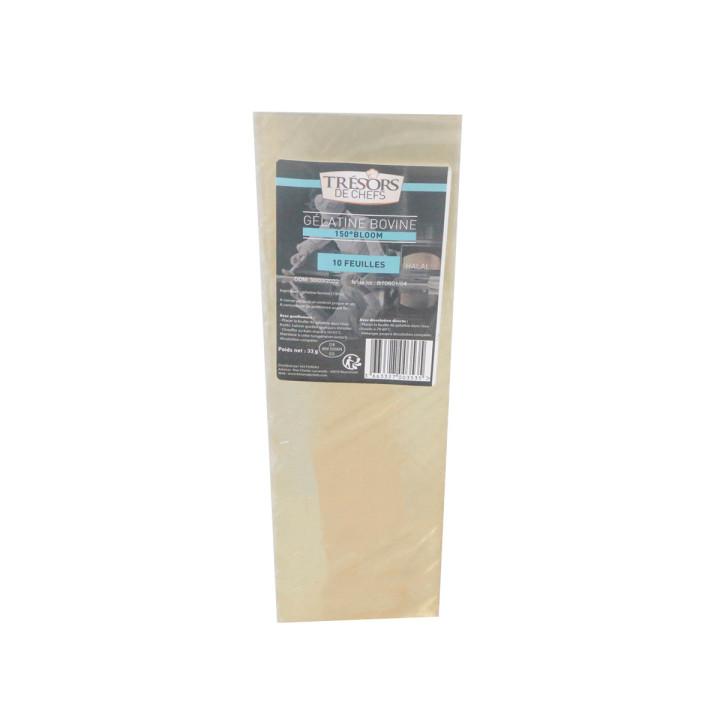 10 feuilles de gélatine bovine halal 150° bloom 33 gr - Trés 10 feuilles de gélatine bovine halal 150° bloom 33 gr - Trés