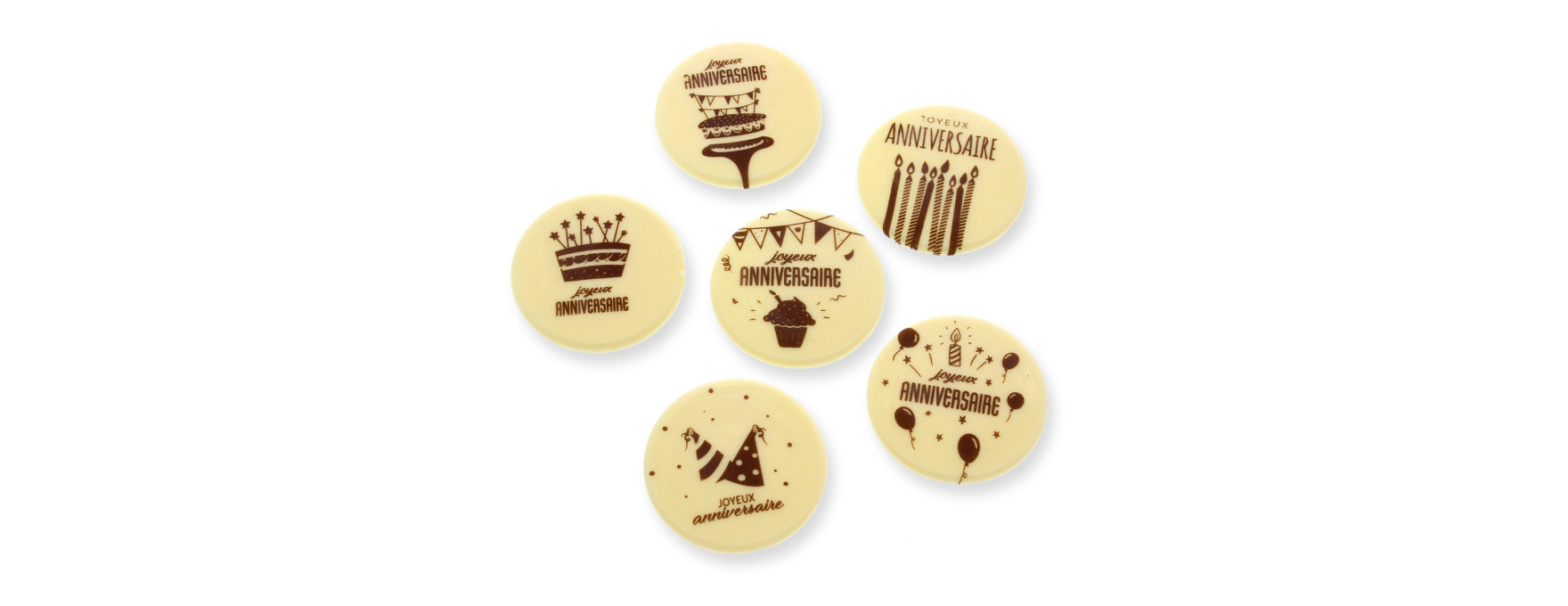 Décor en chocolat : 6 plaques Joyeux Anniversaire blanc et n