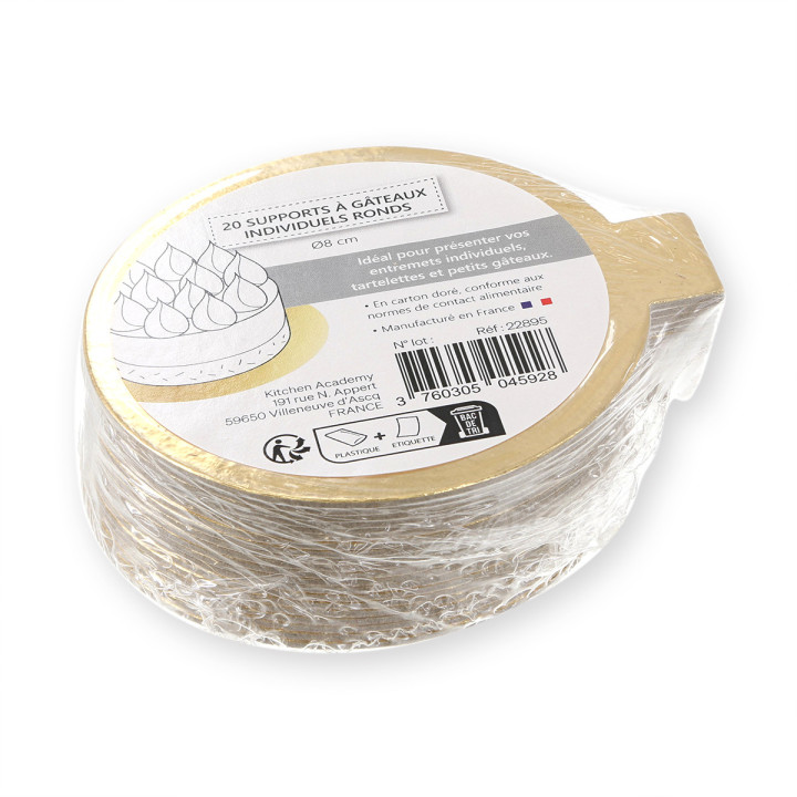 20 mini supports à gâteaux ronds dorés 8  cm