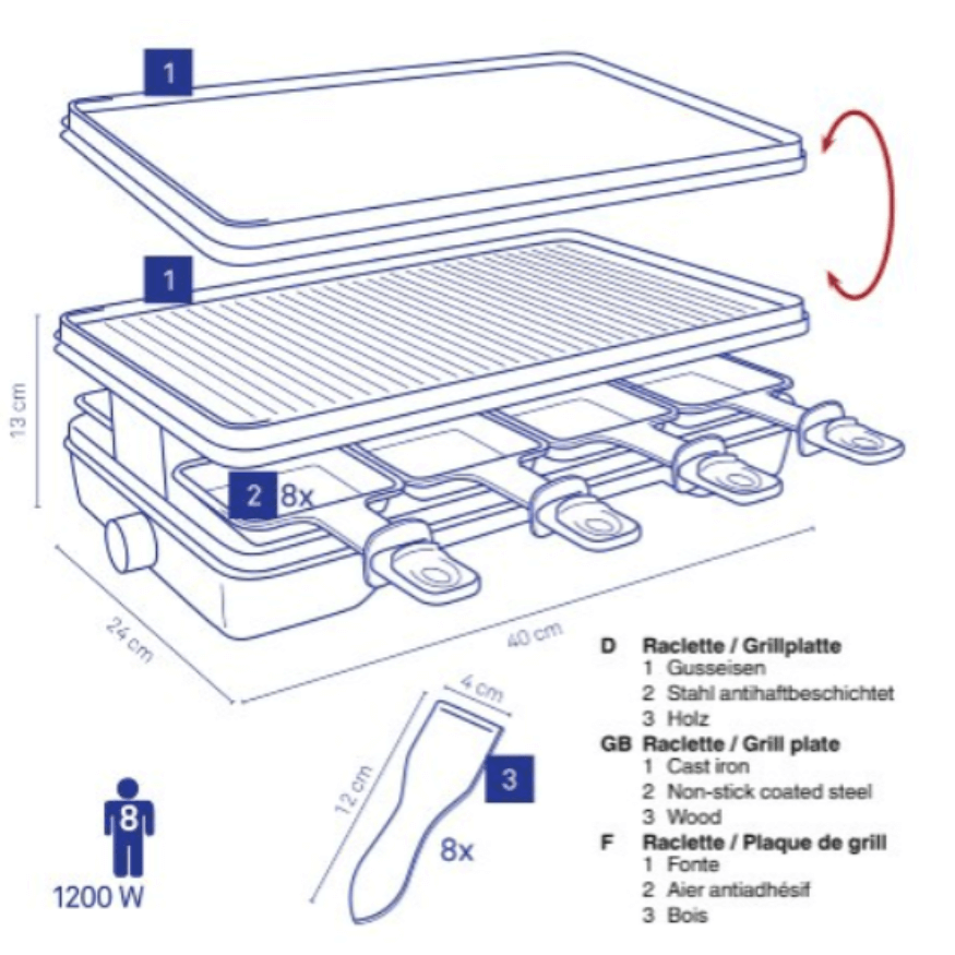 Appareil à raclette électrique avec fonte 8 personnes - Kela