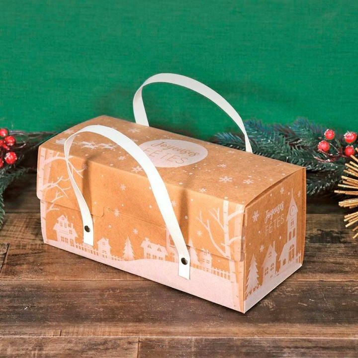 Boite de transport pour bûche de Noël en carton avec poignée