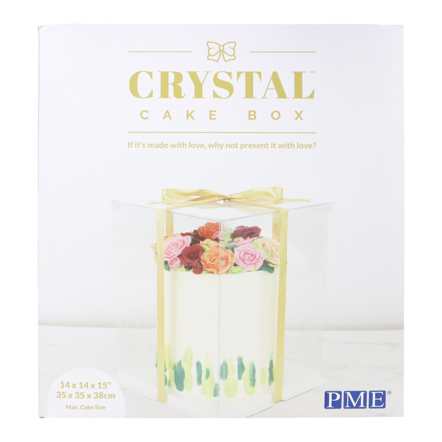 Boîte à gâteaux vitrine Crystal avec ruban doré : 35x35x38 cm