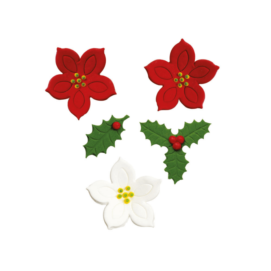 Plaque 7 décors comestibles Noël – Poinsettia & Houx – Décora