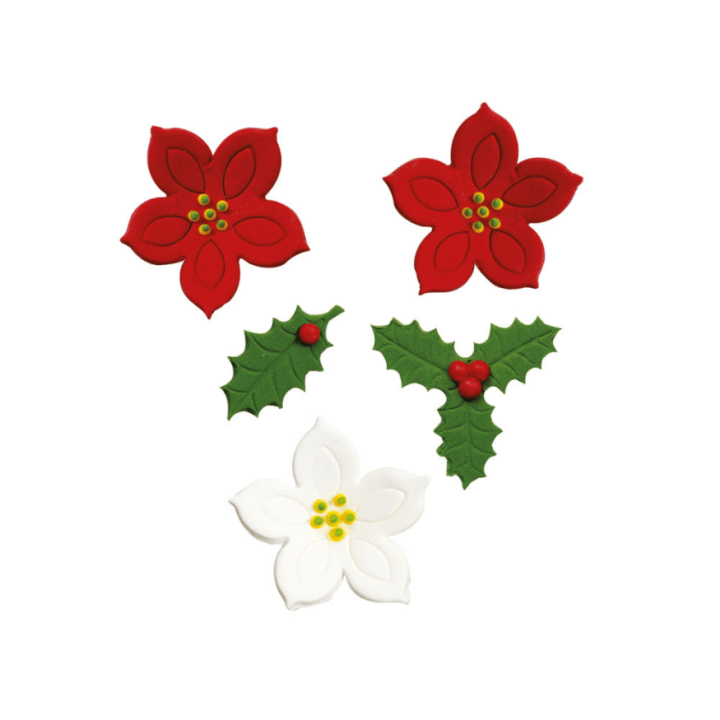 Plaque 7 décors comestibles Noël – Poinsettia & Houx – Décora