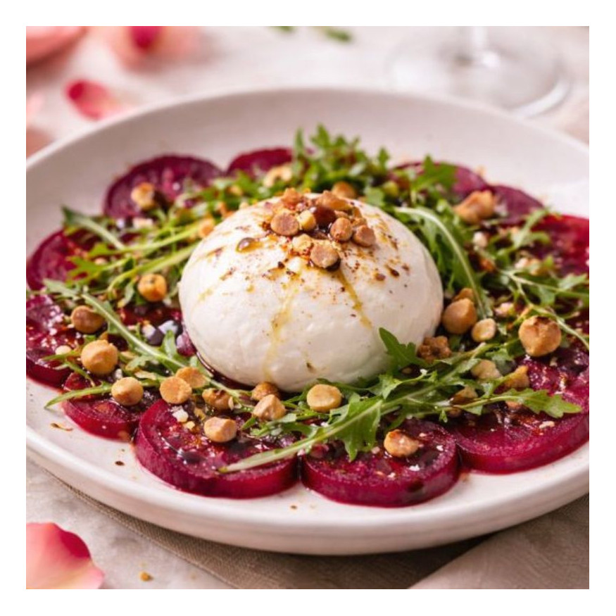 Burrata crémeuse, carpaccio de betterave & noisettes torréfiées
