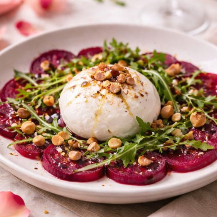 Burrata crémeuse, carpaccio de betterave & noisettes torréfiées