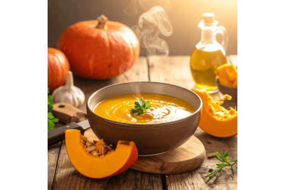 Velouté de courge rôtie, châtaignes & pointe de crème