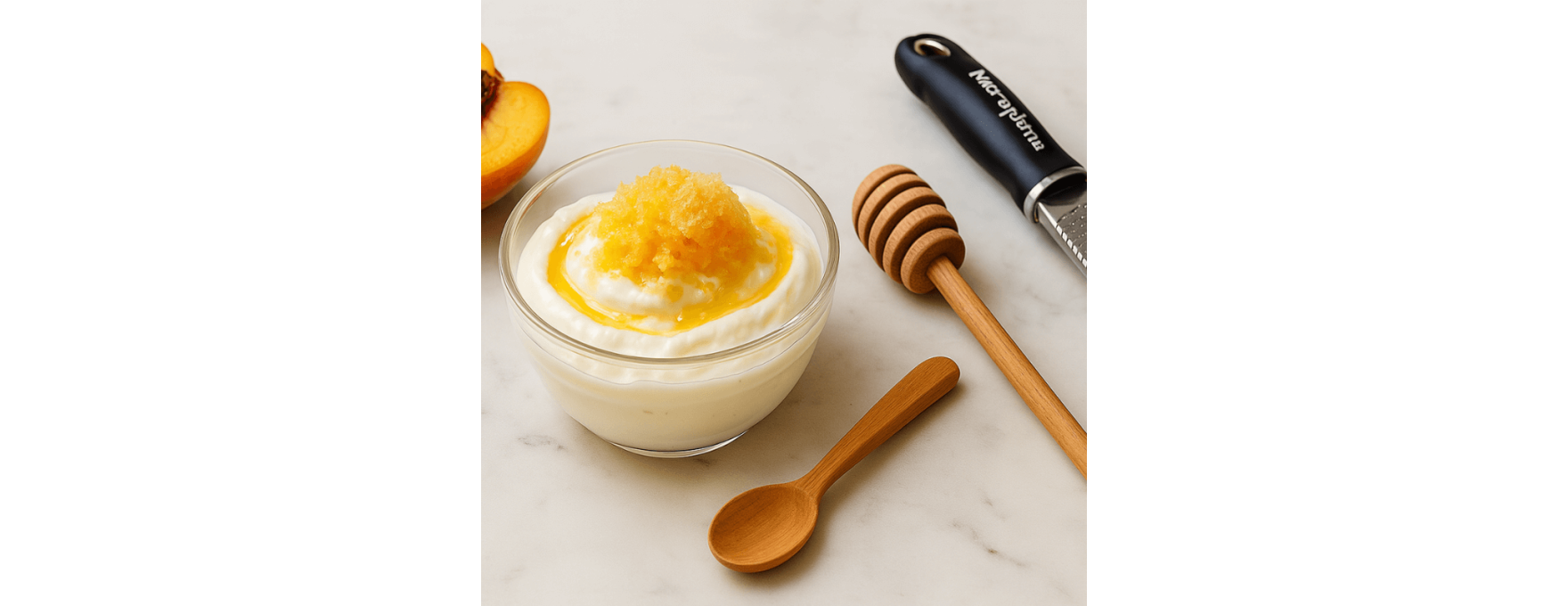 Yaourt crémeux & pêche givrée râpée