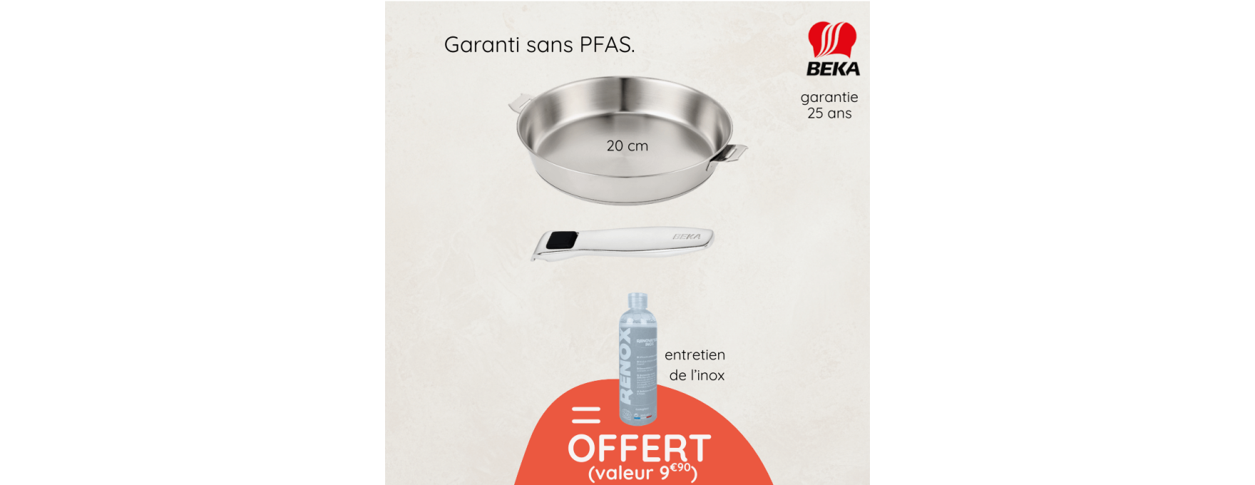 Poêle inox 20 cm avec poignée + produit d'entretien offert