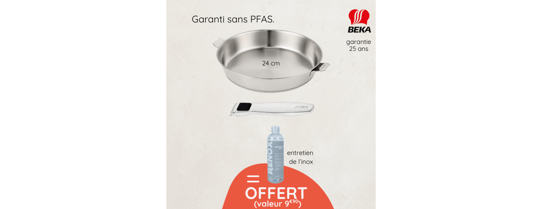 Poêle inox 24 cm avec poignée + produit d'entretien offert
