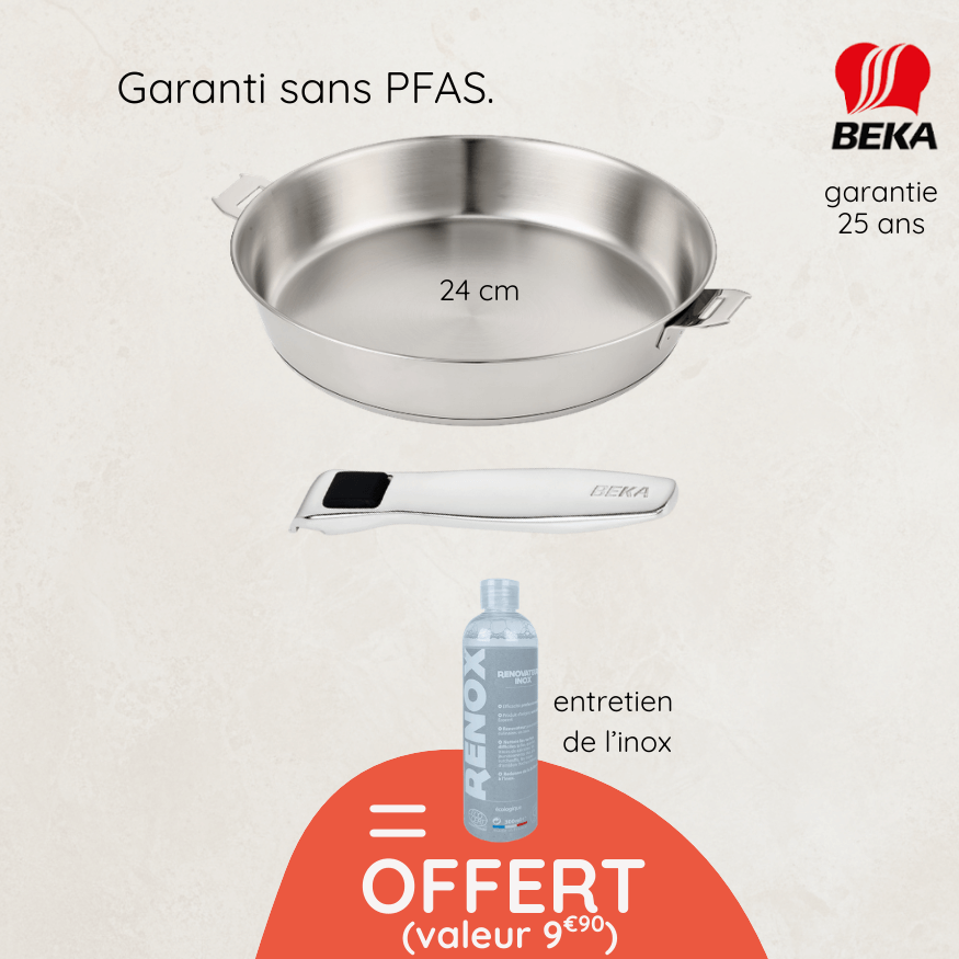 Poêle inox 24 cm amovible Beka + produit d’entretien offert