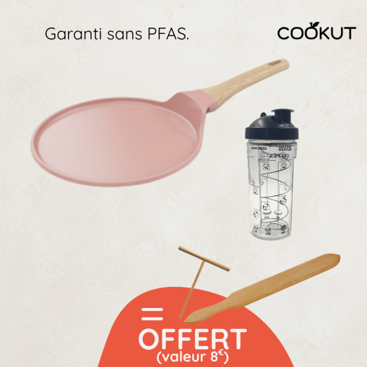 Crêpière revêtue guimauve 28 cm + accessoires offerts