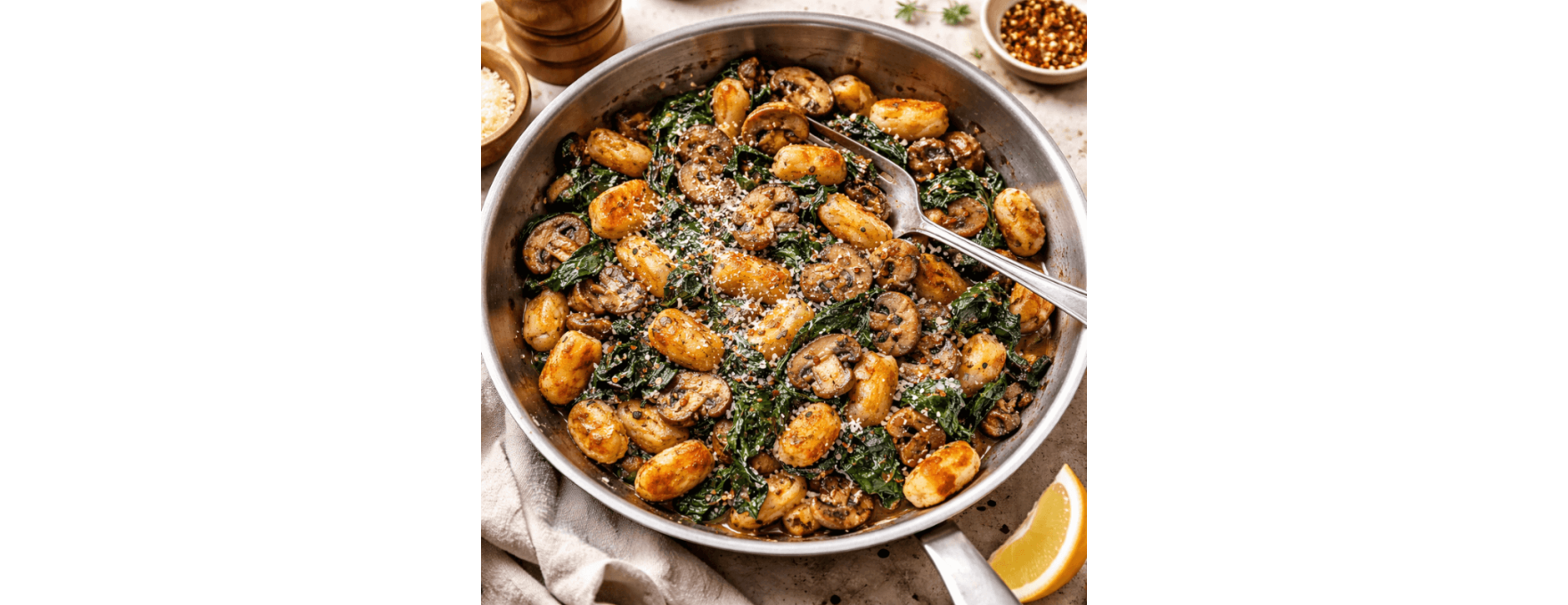 Poêlée de gnocchis croustillants, champignons & épinards