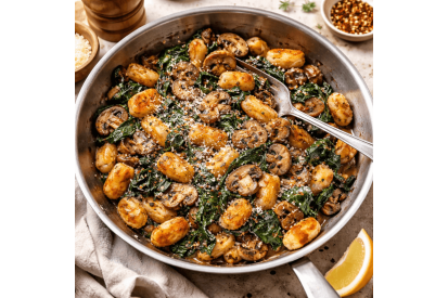 Poêlée de gnocchis croustillants, champignons & épinards