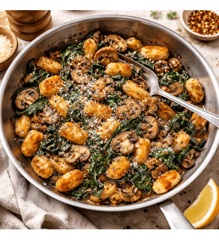 Poêlée de gnocchis croustillants, champignons & épinards