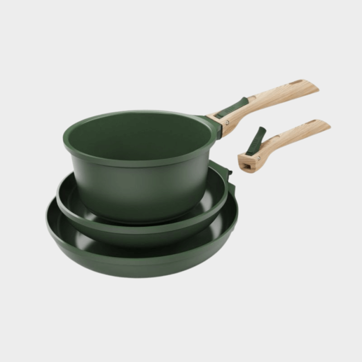 Trio poêles & casserole amovibles vert fougère – Cookut | Batterie de cuisson compacte