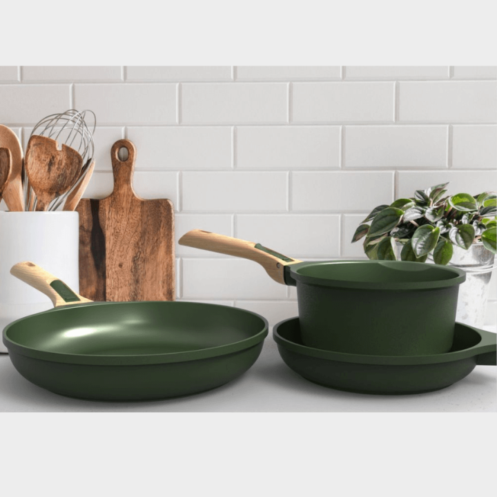 Trio poêles & casserole amovibles vert fougère – Cookut | Batterie de cuisson compacte