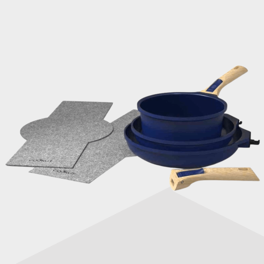 Trio poêles & casserole amovibles bleu myrtille – Cookut | Batterie pratique et modulable