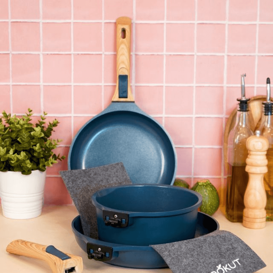 Trio poêles & casserole amovibles bleu myrtille – Cookut | Batterie pratique et modulable