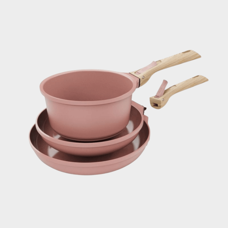 Trio poêles & casserole amovibles rose guimauve – Cookut | Batterie de cuisson modulable