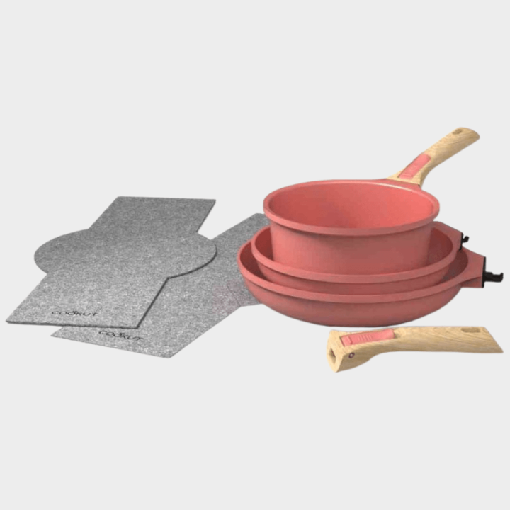 Trio poêles & casserole amovibles rose guimauve – Cookut | Batterie de cuisson modulable