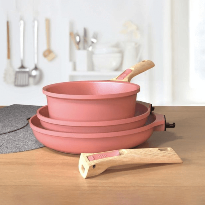 Trio poêles & casserole amovibles rose guimauve – Cookut | Batterie de cuisson modulable