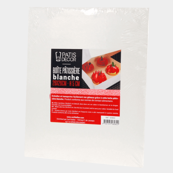 Boîte à gâteaux blanche 26 × 26 × 5 cm – Emballage pâtisserie | Patisdécor