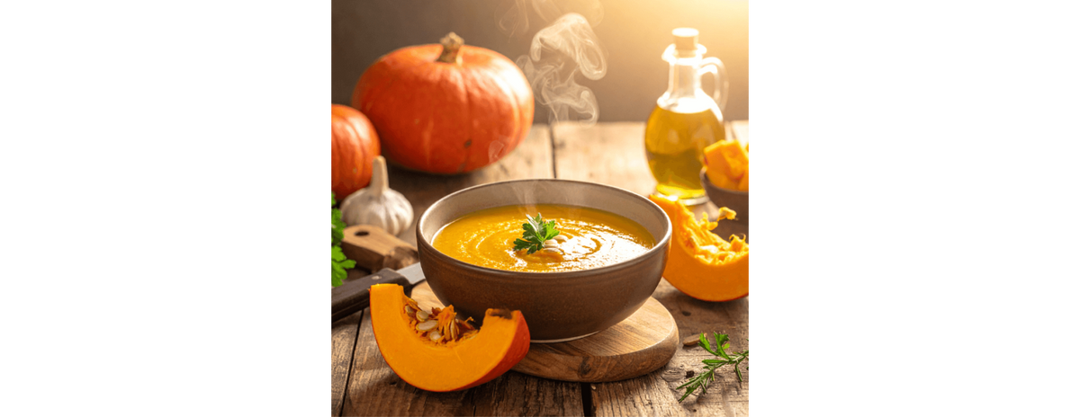 Velouté de courge rôtie, châtaignes & pointe de crème
