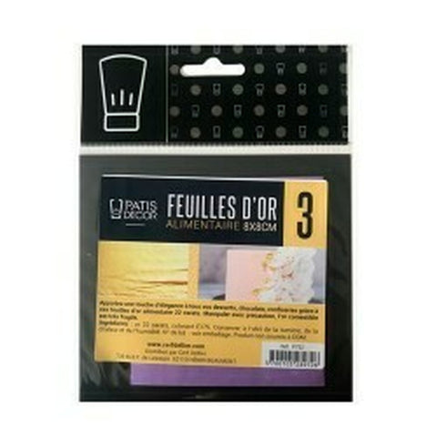 3 feuilles d'or alimentaire 8 x 8 cm - Patisdécor