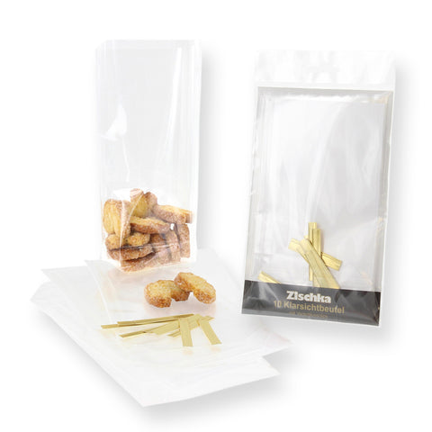 10 sachets confiseur transparent avec clips 11.5 x 19 cm -