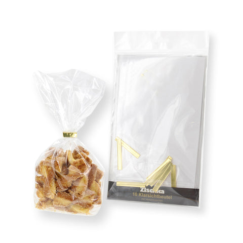 10 sachets confiseur transparent avec clips 14.5 x 23.5 cm